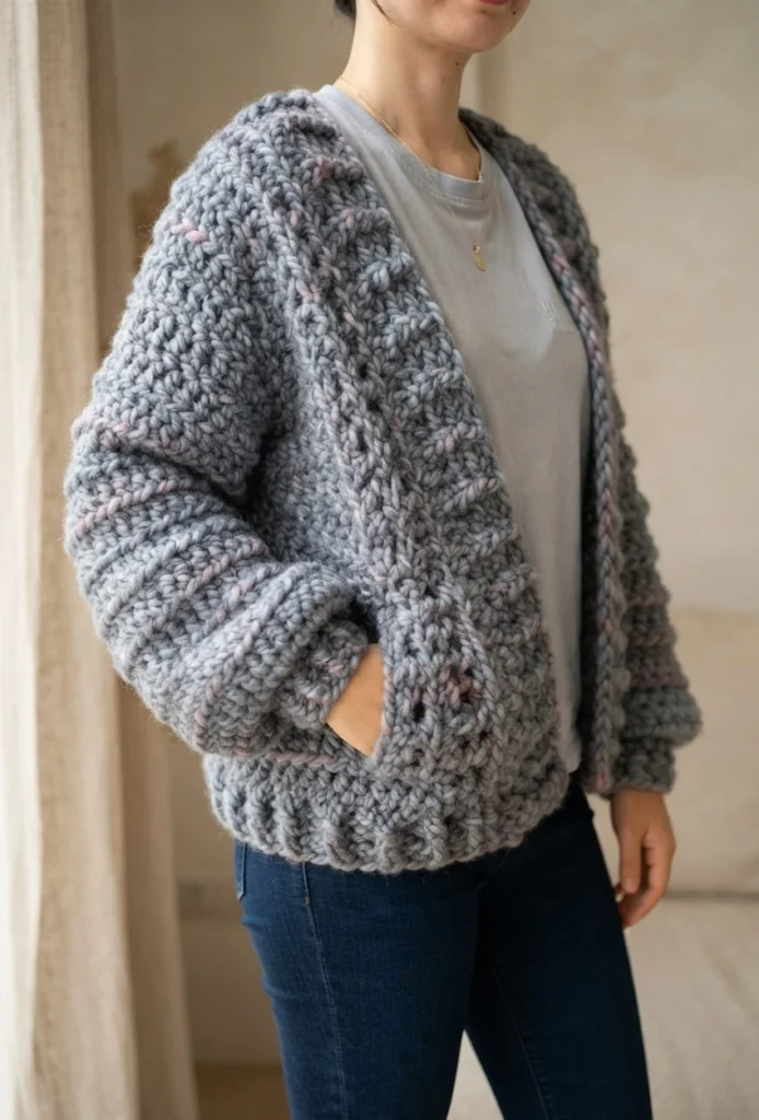 Woman wearing a chunky grey crochet cardigan with pink and lavender flecks, bomber style with balloon sleeves and a ribbed hem, one hand tucked into a hidden side pocket, layered over a light grey t-shirt and dark jeans.