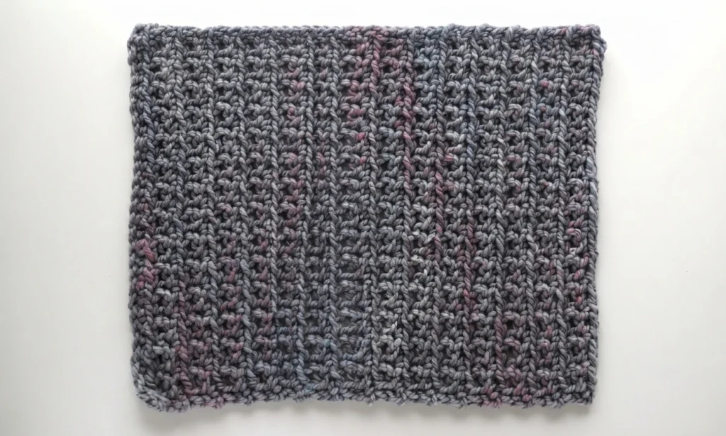 Flat lay of a chunky crocheted back panel in mottled grey and mauve yarn with a textured mesh stitch, photographed on a plain white surface