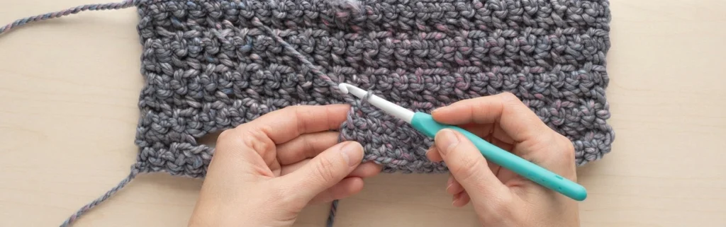 Close-up of two hands holding a teal crochet hook inserted at the edge of a pocket opening in a grey chunky crocheted panel.