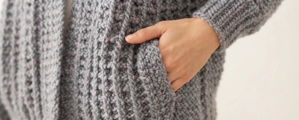 Close-up of a hand slipped into the hidden side pocket of a chunky grey crochet cardigan with pink flecks, showing the ribbed cuff and textured front panel
