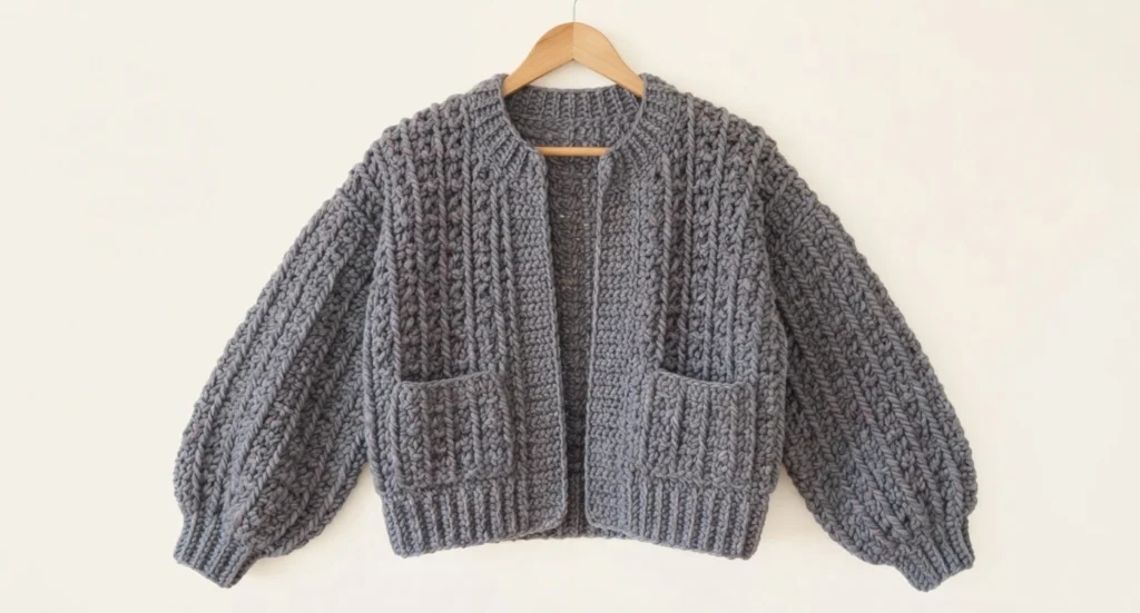 Chunky grey crochet bomber cardigan with ribbed hem, ribbed cuffs, balloon sleeves and two front pockets, hanging on a wooden hanger against a plain light wall.