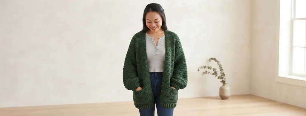Woman smiling with her hands in the pockets of an oversized green chunky crochet cardigan worn over a grey top and blue jeans, standing on a wooden floor in a bright room with a vase of eucalyptus branches and a window.