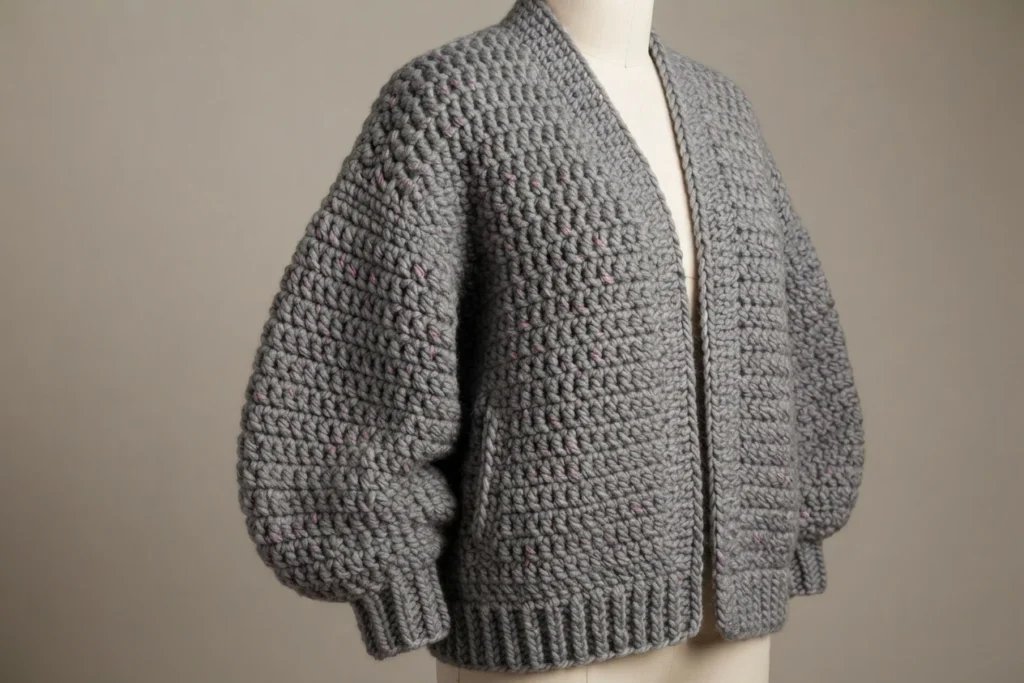 Chunky grey crochet cardigan with subtle pink and purple flecks, open at the front on a dress form, showing balloon sleeves, ribbed cuffs and a ribbed hem against a plain neutral background.