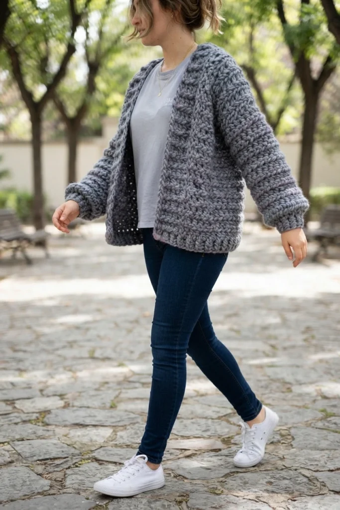 Woman walking along a stone path in a park, wearing an open chunky grey crochet bomber cardigan with voluminous sleeves over a light grey t-shirt and dark jeans, white sneakers on her feet.
