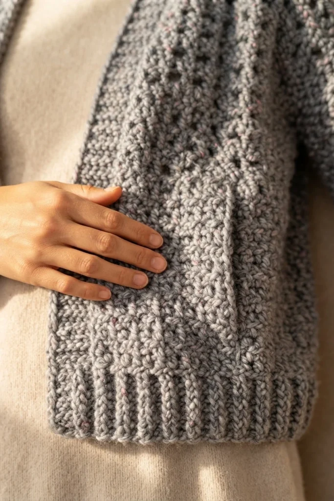 Close-up of a hand resting on the ribbed lower edge of a gray chunky crochet cardigan, with open mesh stitches and a sleeve cuff visible above the hem.