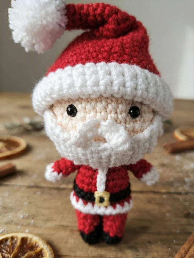 A close-up of a crocheted Santa doll with a red suit, white beard and hat trim, and black belt.
