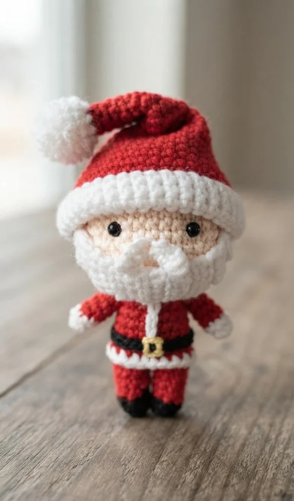 A crocheted Santa doll with a red suit and hat, white beard and trim, black belt, and pompom, photographed against a light blurred background.