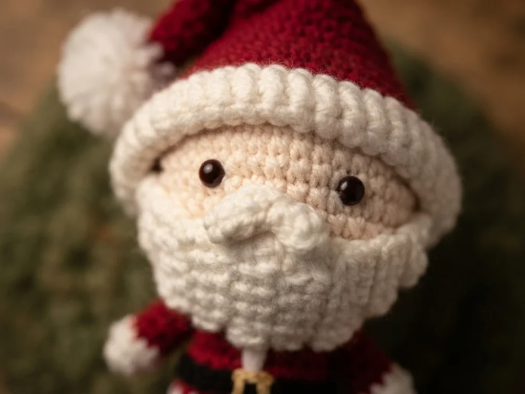 Gros plan d’une poupée crochetée du Père Noël, montrant sa moustache et sa barbe blanches, ses yeux noirs et son bonnet rouge.