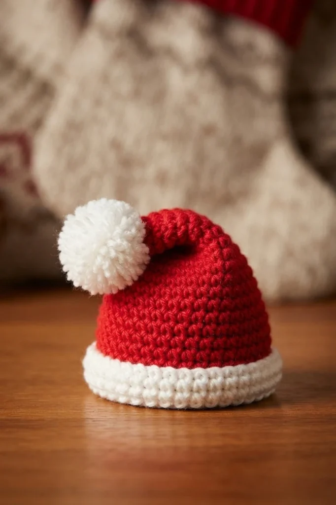 A red crocheted Santa hat with a white brim and pompom, displayed on a wooden surface.