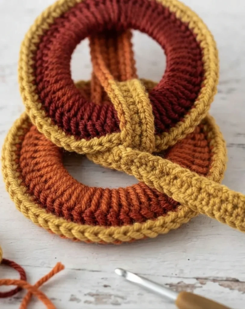 Close-up of a crocheted orange strap woven between two mustard-edged rings, with a crochet hook and loose yarn nearby.