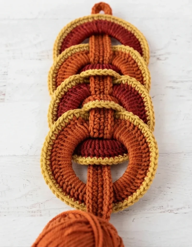 Close-up of three overlapping crocheted rings in orange, red, and yellow, threaded onto an orange strap with a hanging loop at the top.
