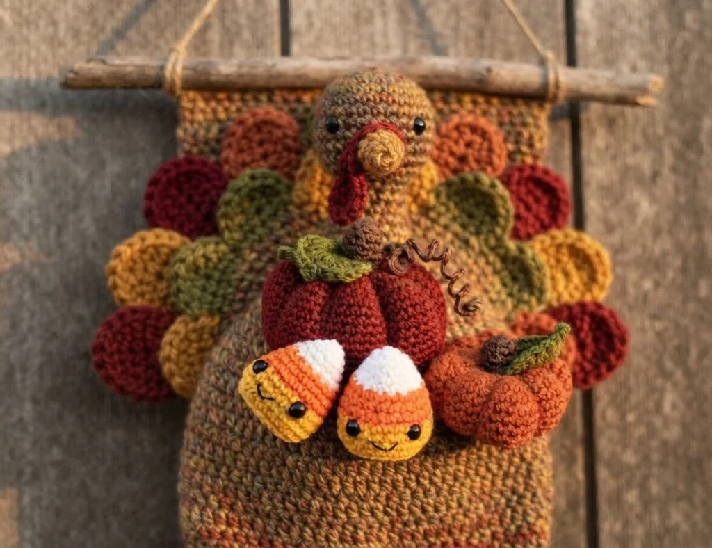 Crochet turkey wall hanging with a fan-shaped tail, pumpkins, candy corn, and a wooden hanging rod.