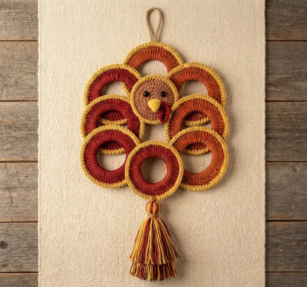 A crocheted turkey wall hanging arranged as a circular wreath, with a central turkey, rust and orange rings, a hanging loop and a tassel.