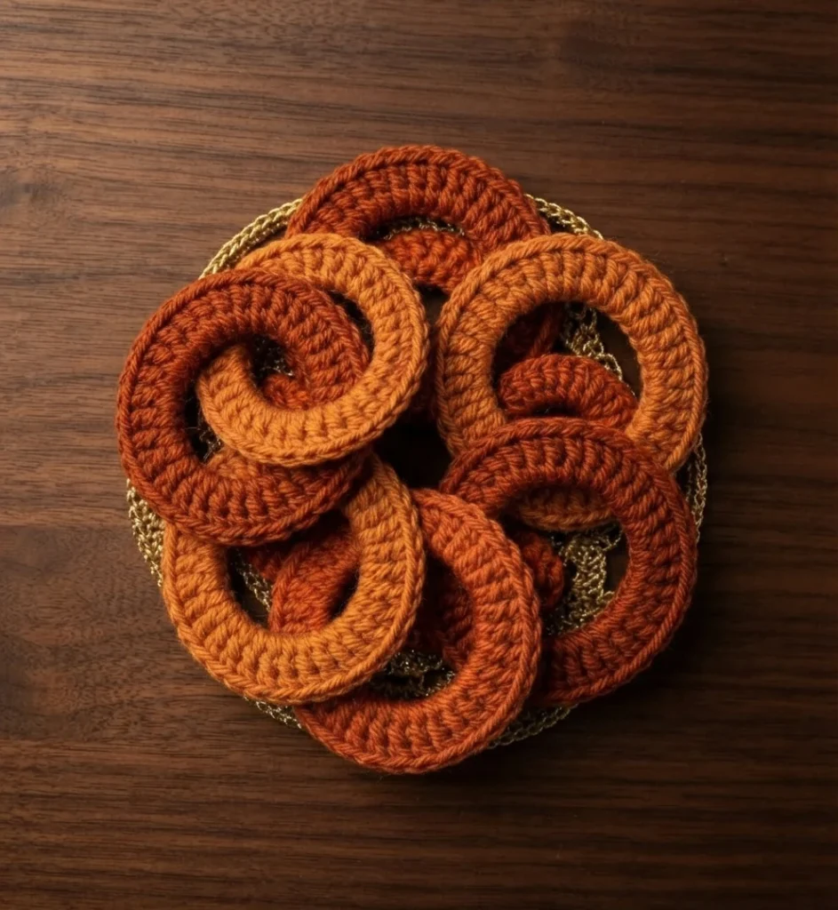 Several orange crocheted rings arranged on a gold-colored crochet base on a wooden surface.