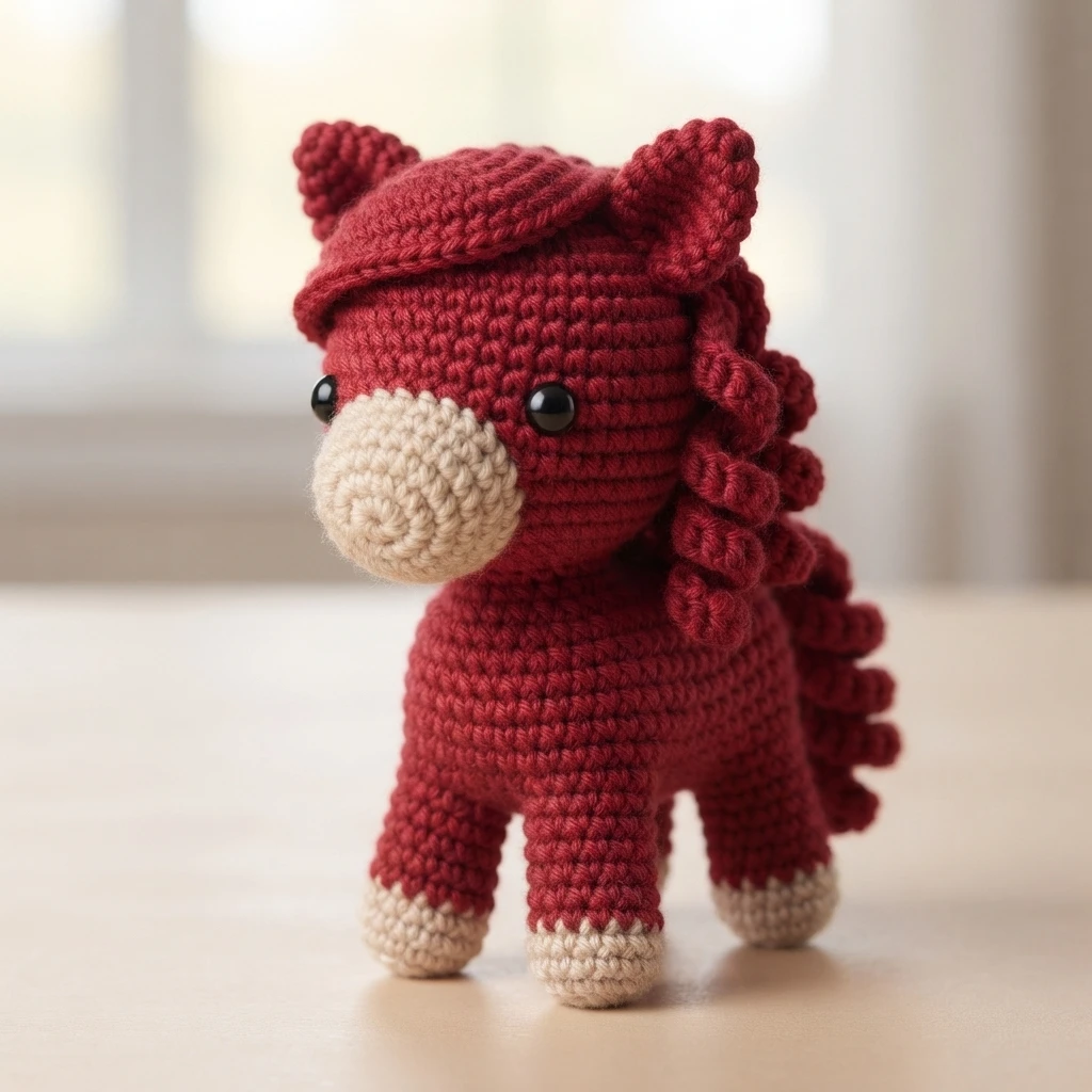 A small red crocheted pony amigurumi with a cream muzzle and hooves, black safety eyes, and a curly red mane, standing on a light surface.