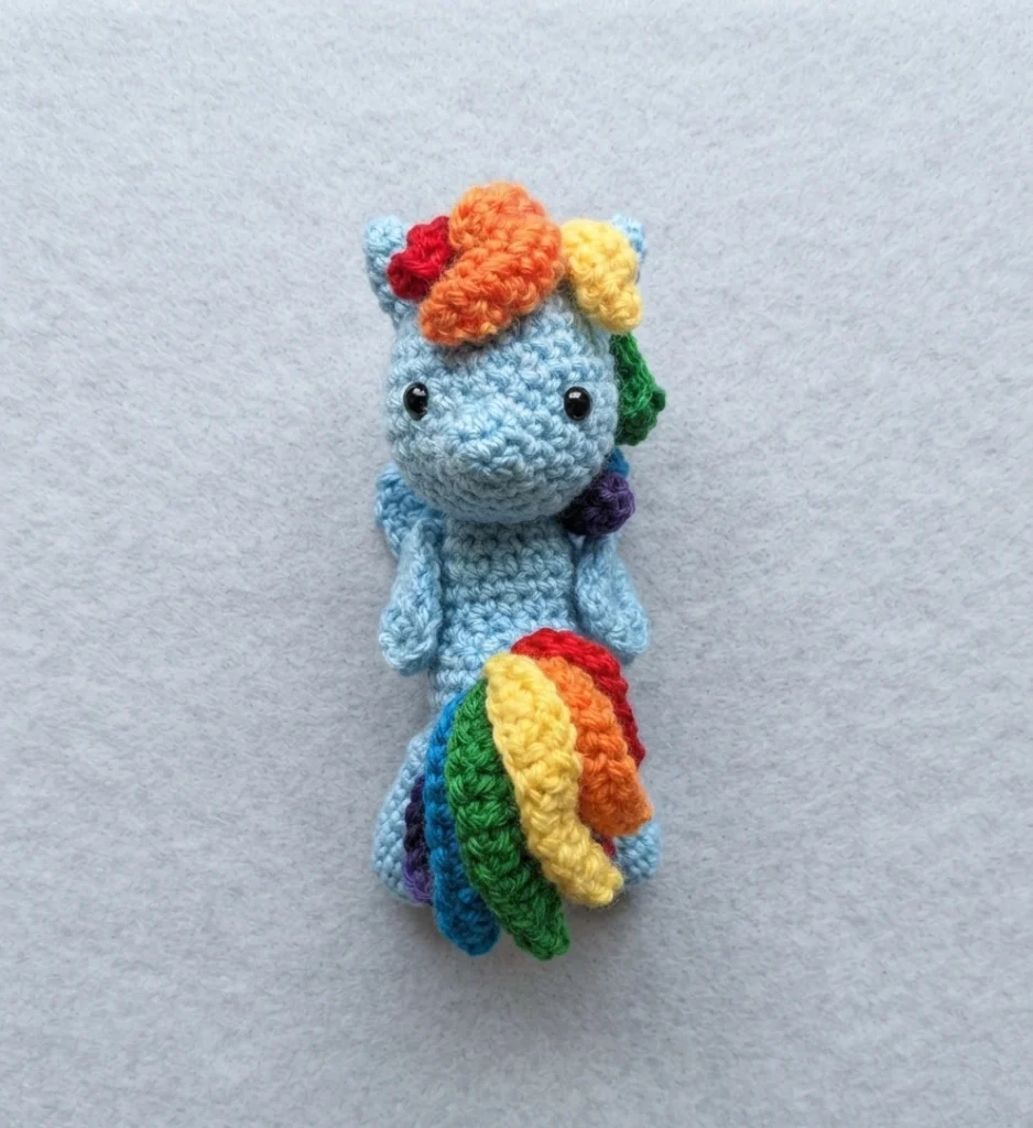Small crocheted light-blue amigurumi pony with a rainbow-striped mane and tail and black safety eyes, shown from the front on a plain light gray background.