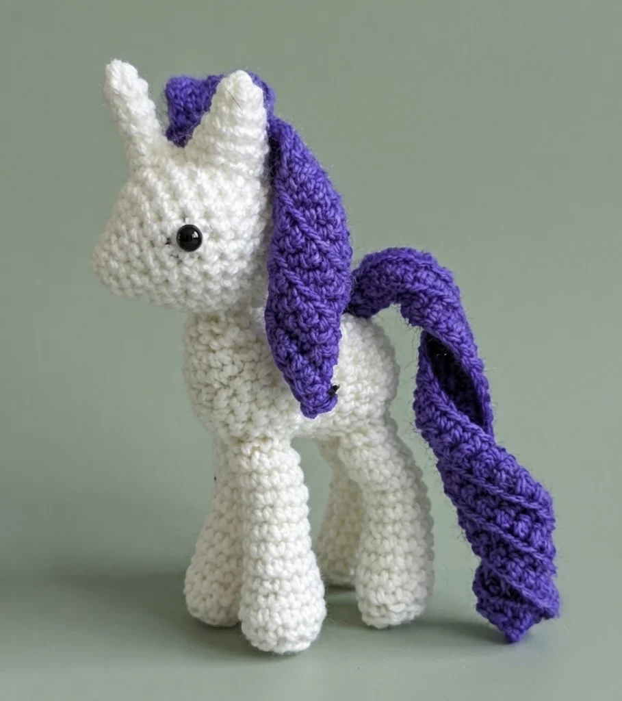 White crocheted amigurumi pony with a purple mane and tail, standing on a green background
