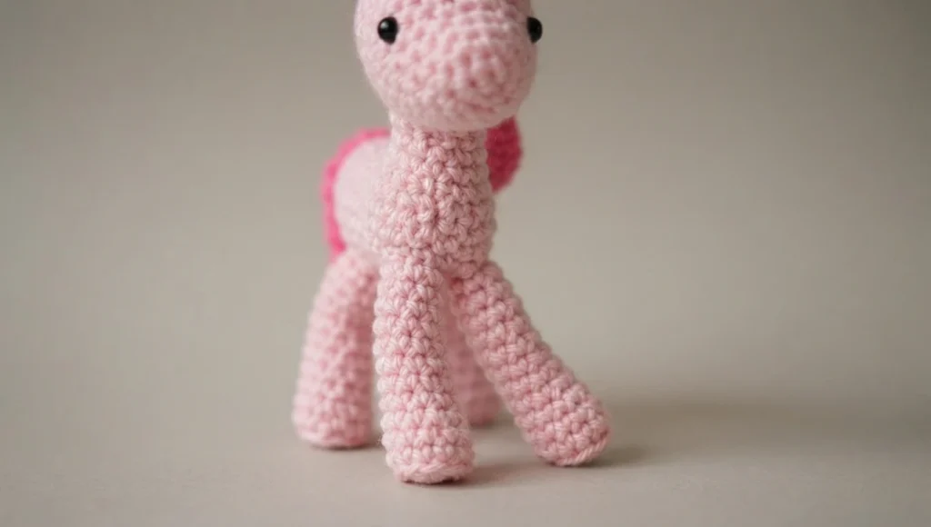 Close-up of a pink crocheted amigurumi pony with a darker pink mane and black eyes.