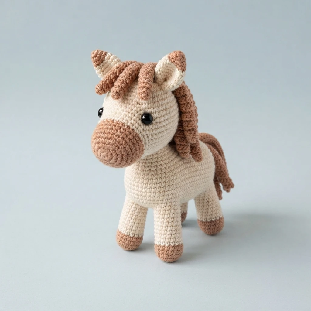 Crocheted amigurumi pony with a cream body, brown mane, tail, muzzle and hooves, and black safety eyes.