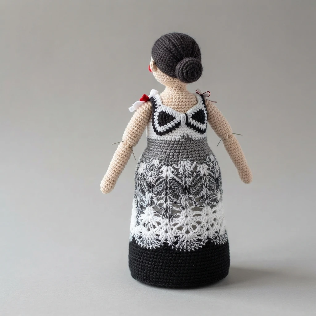 Crocheted doll photographed from behind, dark hair in a low bun, wearing a dress with a black and white bodice, an openwork lace overlay in the middle and a solid black hem, with sewing pins visible on the arms and shoulder