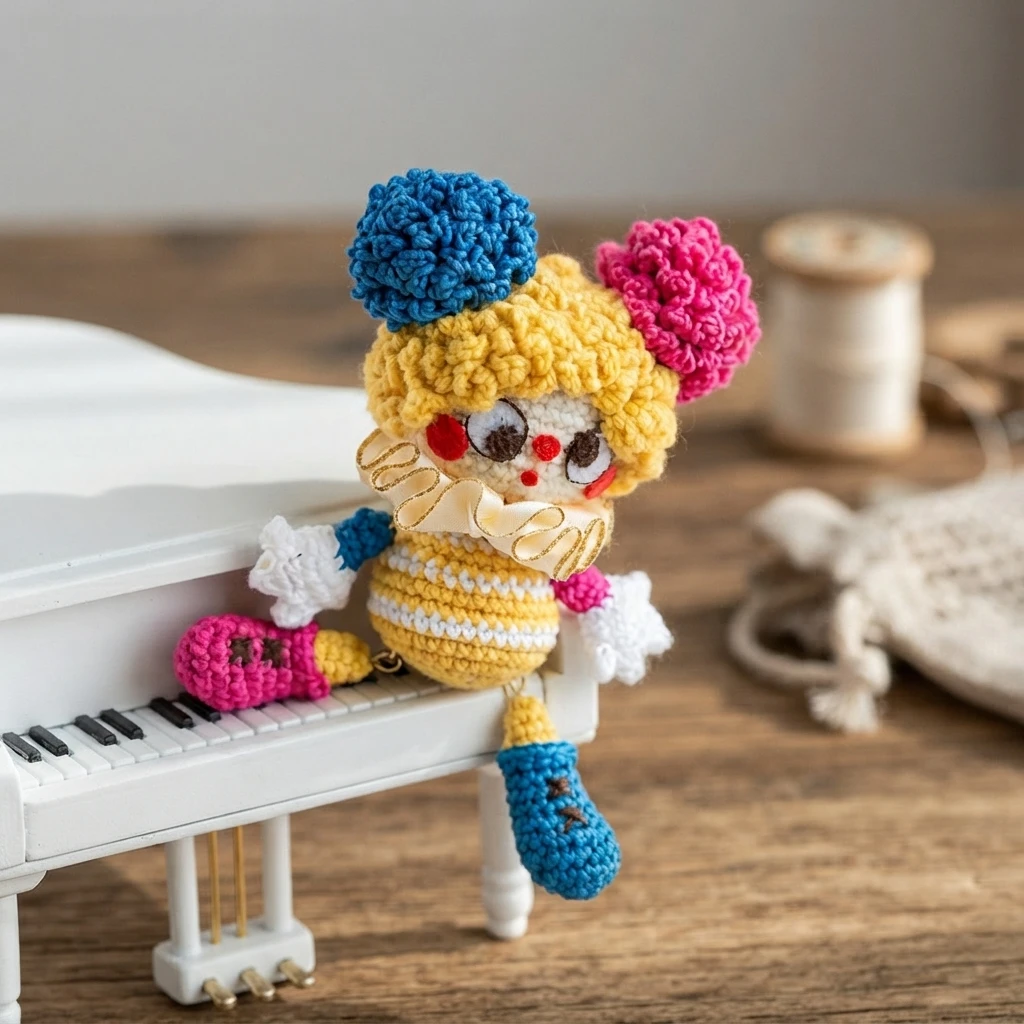 Crocheted clown doll with curly yellow hair, one blue and one pink pompom, a pale ruffled collar, a yellow and white striped body, a pink leg with dark stitches and a hanging blue leg, seated on a miniature white piano on a wooden table