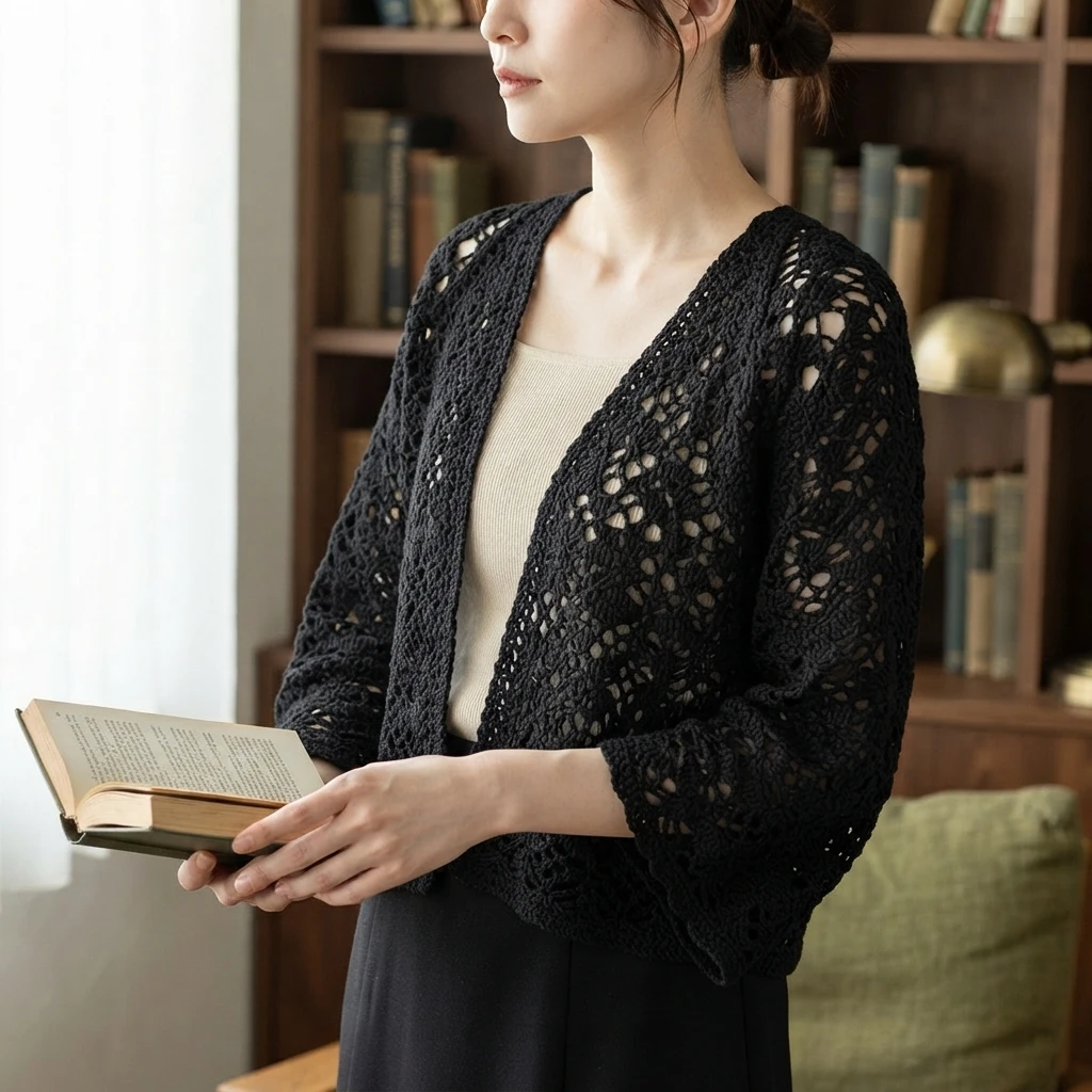 A woman wearing a black openwork crochet cardigan over a beige top, holding an open book, standing in front of a wooden bookshelf.