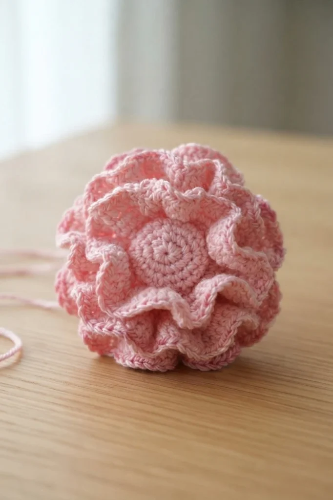 A single pink crochet carnation with layered ruffled petals on a light wooden table