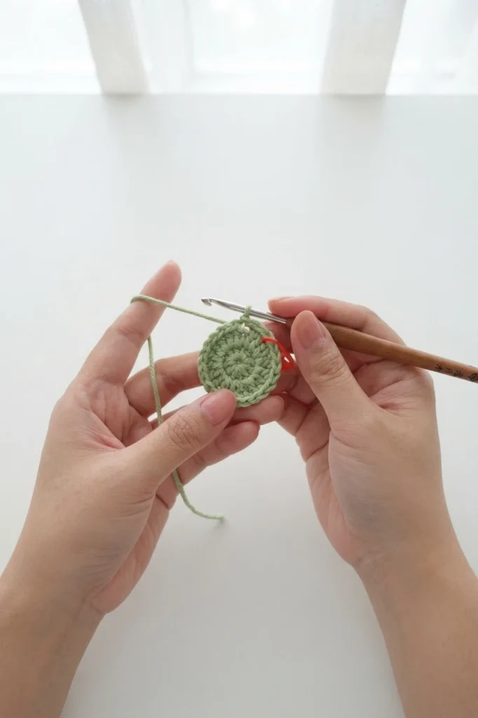 Hands crocheting a light green circular flower base with a wooden hook and a red stitch marker on a white table