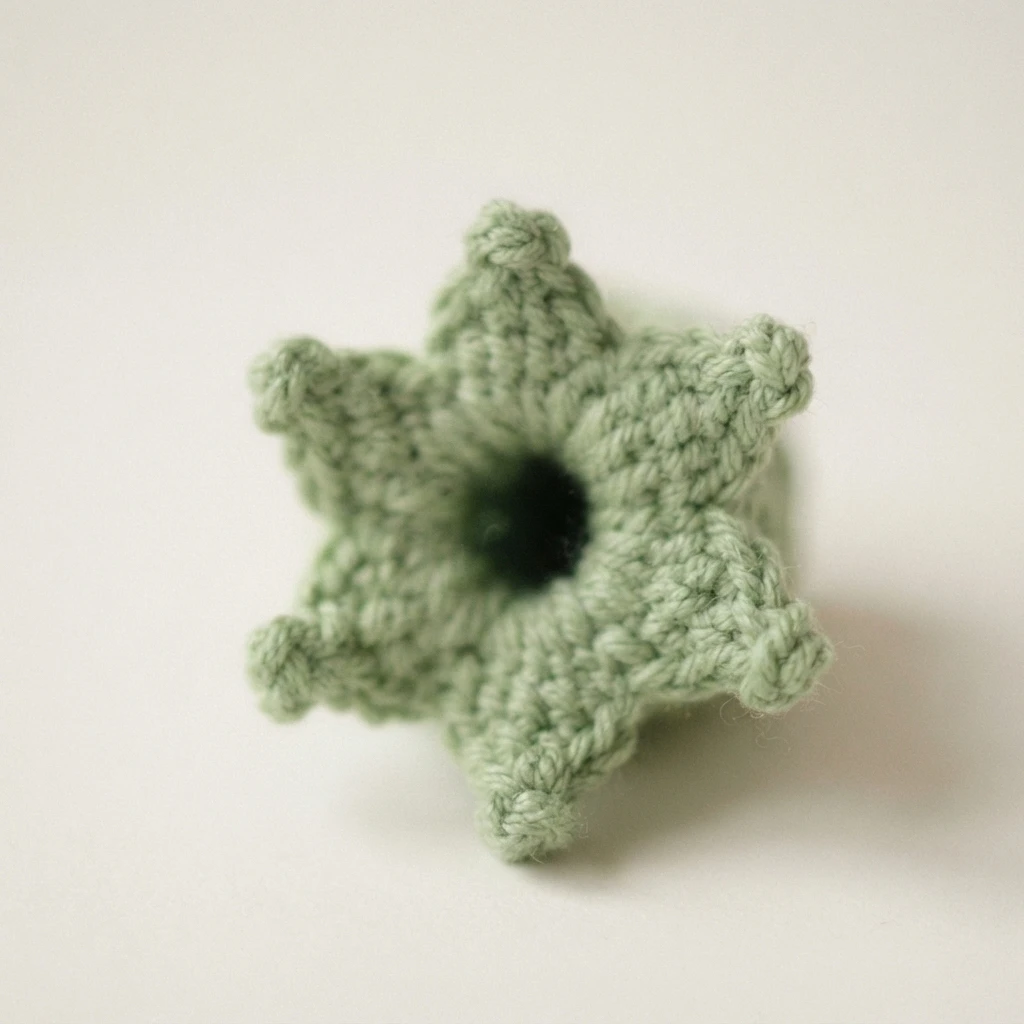 Close-up top view of a light green crocheted flower base with a pointed picot edge and a central opening on a white background