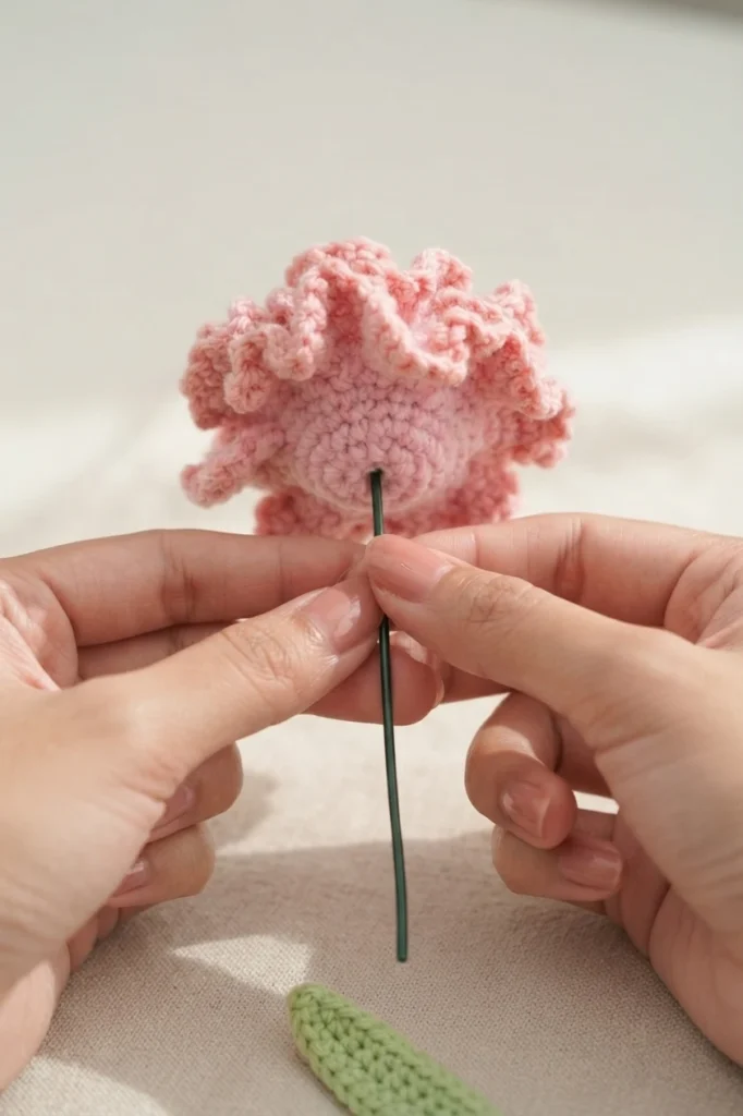 Hands inserting a green wire stem into the base of a pink ruffled crochet carnation, with a green crochet leaf nearby