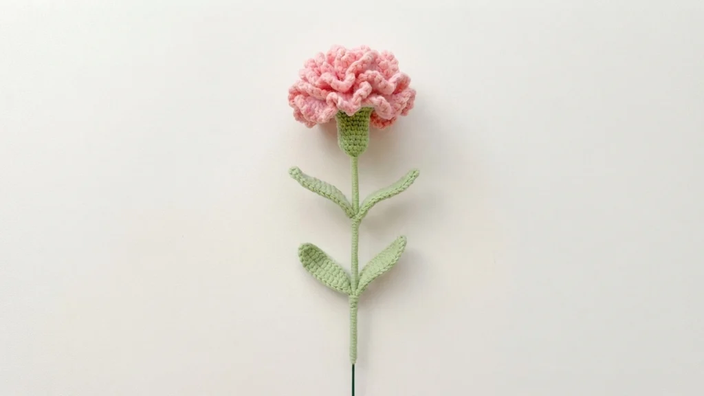 Single pink crocheted carnation with ruffled petals, a green base, a wrapped green stem and four leaves on a plain white background
