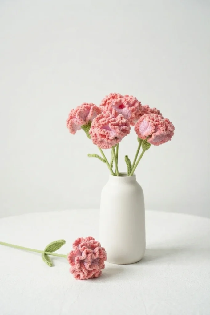Pink crochet carnations with ruffled petals and green stems in a white vase, with one flower lying beside it