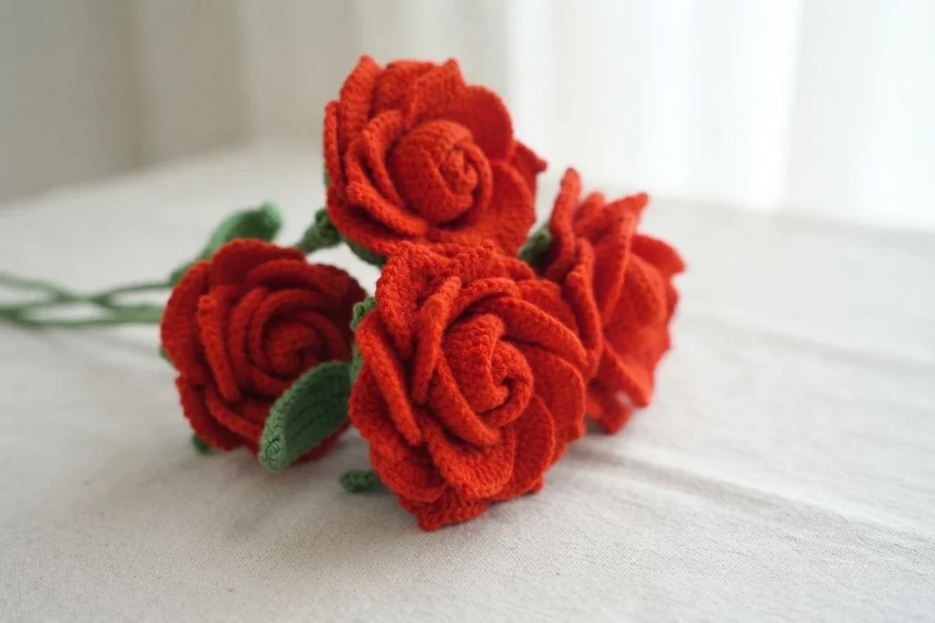 Four red crochet roses with green stems and leaves lying on a light fabric surface