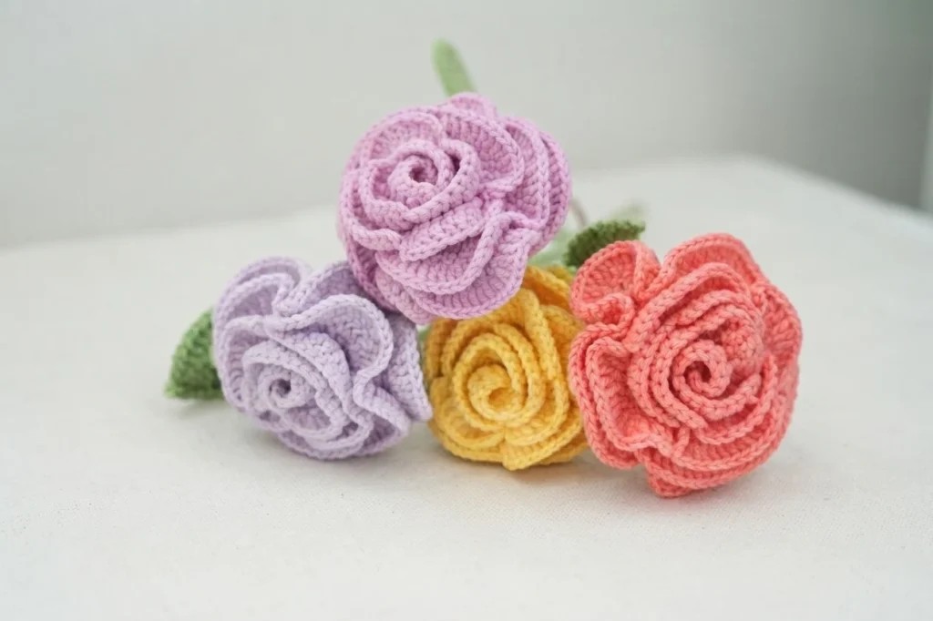 Two crochet roses, one pale pink and white and one deep pink, with green leaves on a wooden surface
