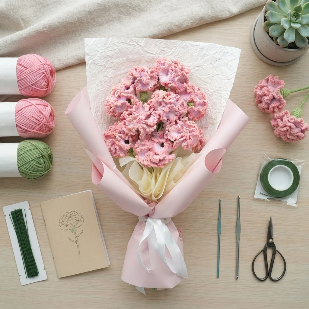 Flat lay of a wrapped bouquet of pink ruffled crochet carnations with yarn, crochet hooks, scissors and floral supplies on a wooden table