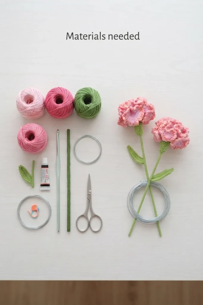 Flat lay titled Materials needed with pink and green yarn balls, a crochet hook, scissors, wire coils, glue and a stitch marker beside two pink crochet carnations with green stems