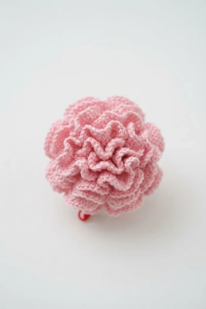 Top view of a single pink crocheted carnation with ruffled petals on a white background