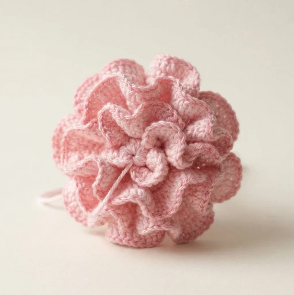 Close up of a single pink crochet carnation with ruffled petals on a light background