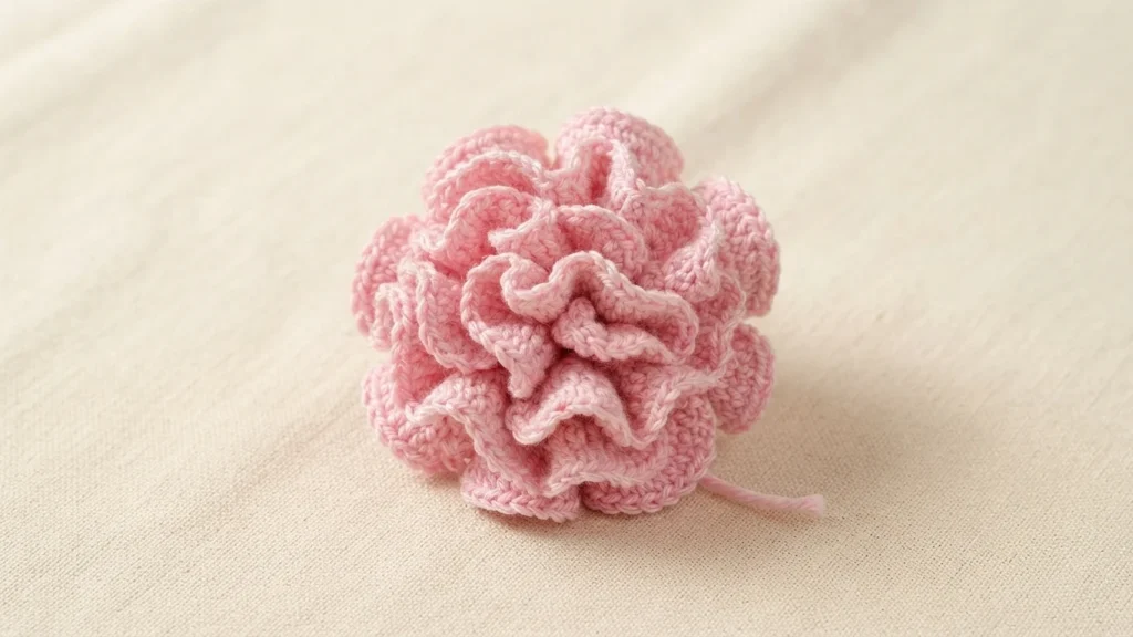 Single pink crochet carnation flower with ruffled petals on a beige fabric background