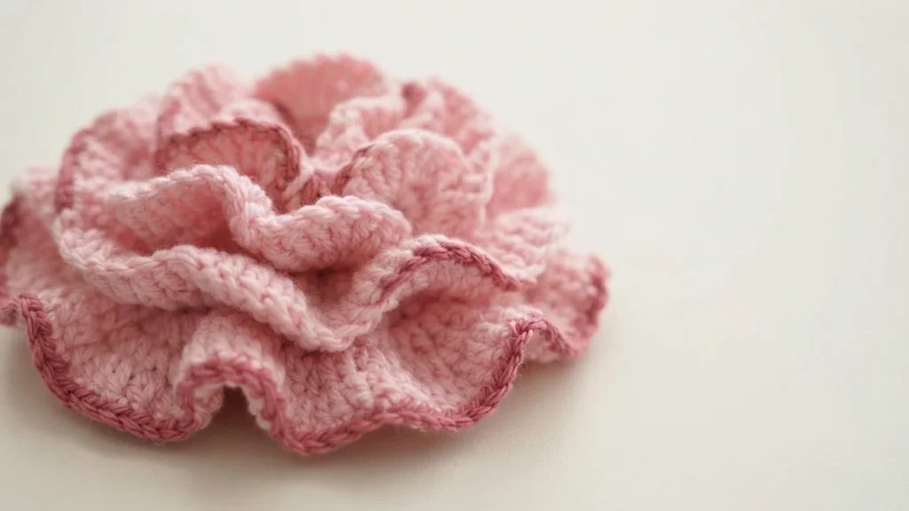 Close-up of a single ruffled pink crochet carnation with darker pink edging on a white background