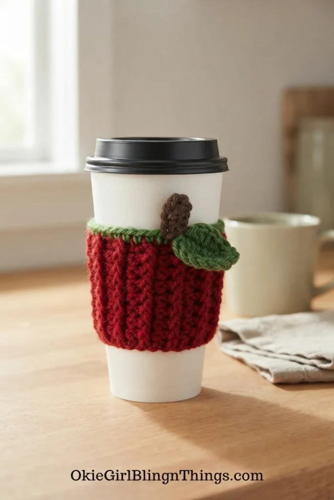 Crocheted red ribbed cup cozy with green trim, a green leaf and a brown stem on a white paper cup with a black lid, standing on a wooden table with a beige mug and folded cloth in the background.