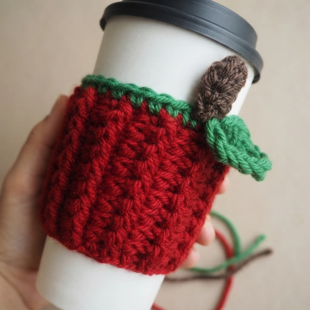 Crocheted red cup cozy with a green leaf and brown stem on a white takeaway cup held in a hand, with yarn ends hanging below