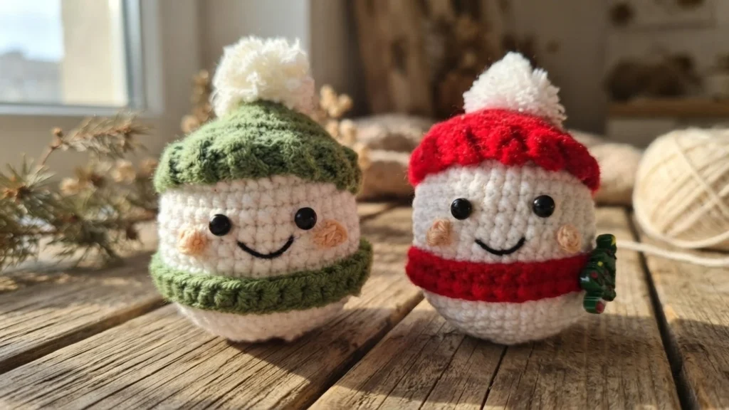 Deux ornements crochetés en forme de bonshommes de neige, l’un avec des détails verts et l’autre rouges, posés sur une table en bois.