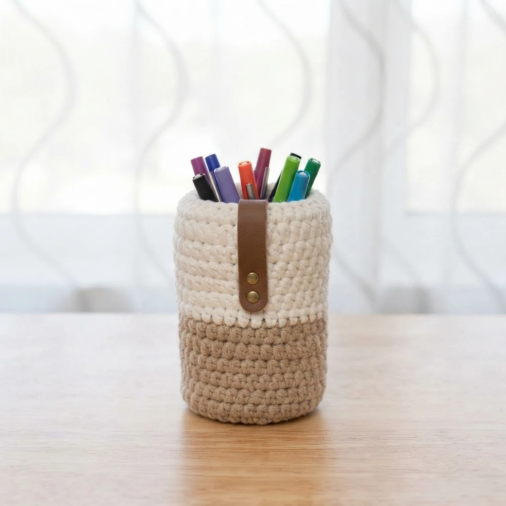 Two-tone crochet pen holder in cream and tan filled with colorful pens, with a brown leather strap and brass rivets on the front, standing on a wooden table.