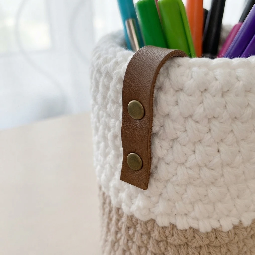 Close up of a beige and white crochet pen holder filled with colorful pens, with a brown leather strap fastened by two brass rivets