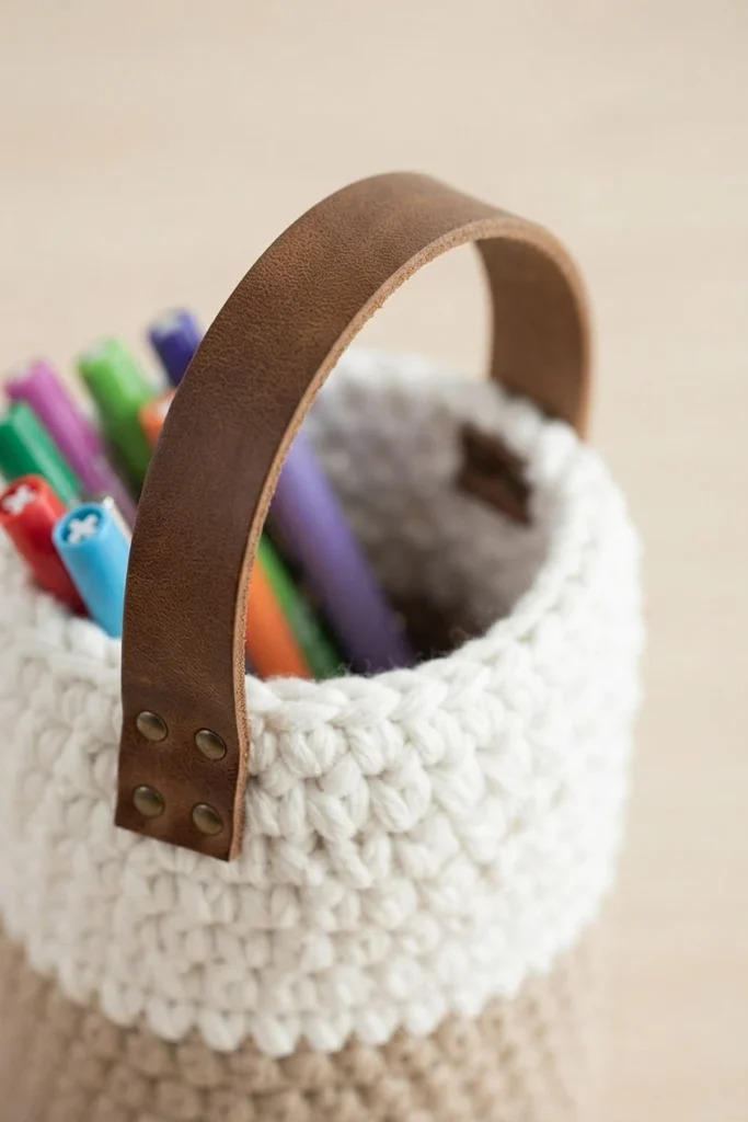Close-up of a white and beige crochet pen holder with a wide brown leather strap, rivets and colorful pens inside