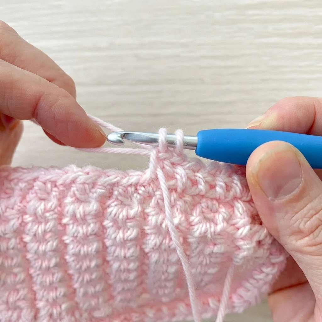 Close-up of hands working pink crochet fabric with a blue handled hook and loops on the hook