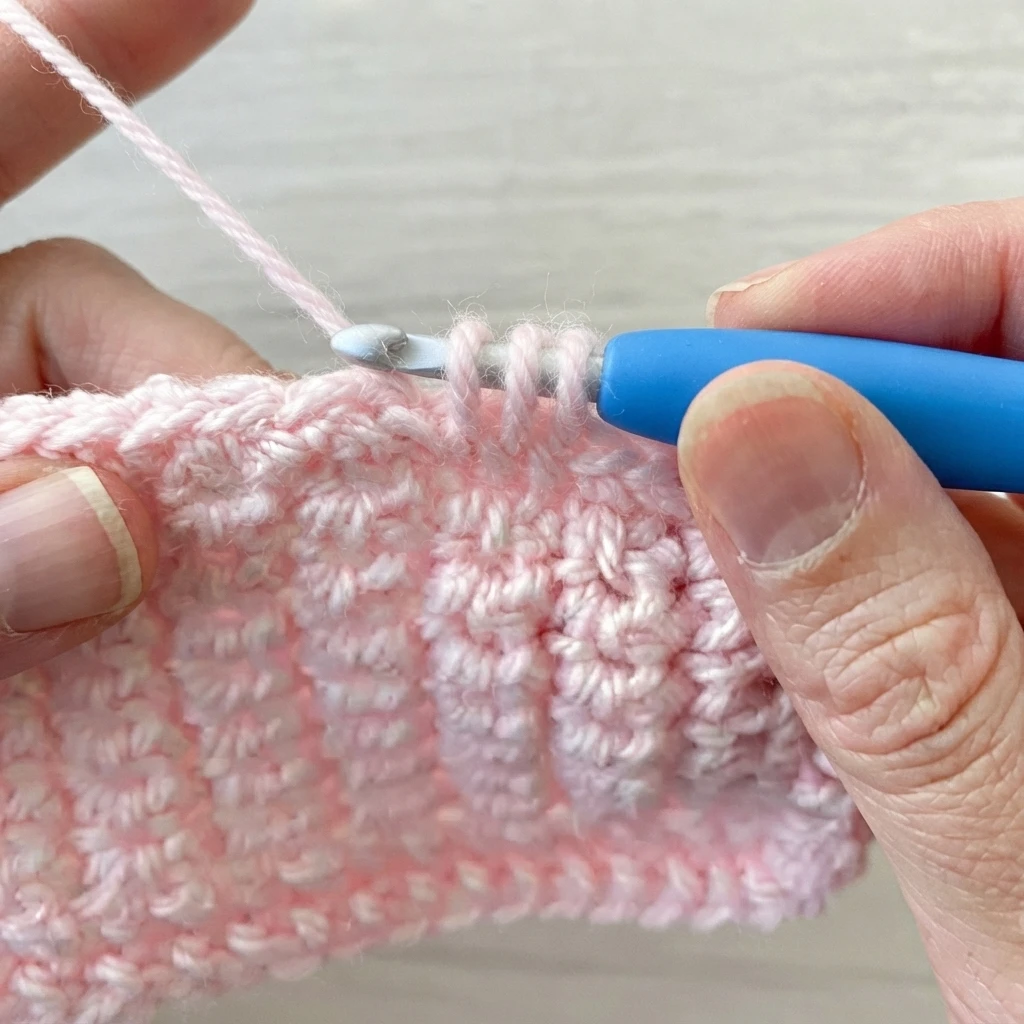 Close-up of hands crocheting pink yarn with a blue handled hook, three loops on the hook above ribbed pink fabric