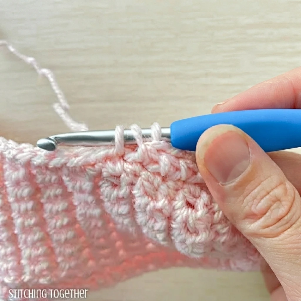 Close-up of a hand holding a blue handled crochet hook with pale pink yarn loops on the hook while working pink crochet fabric