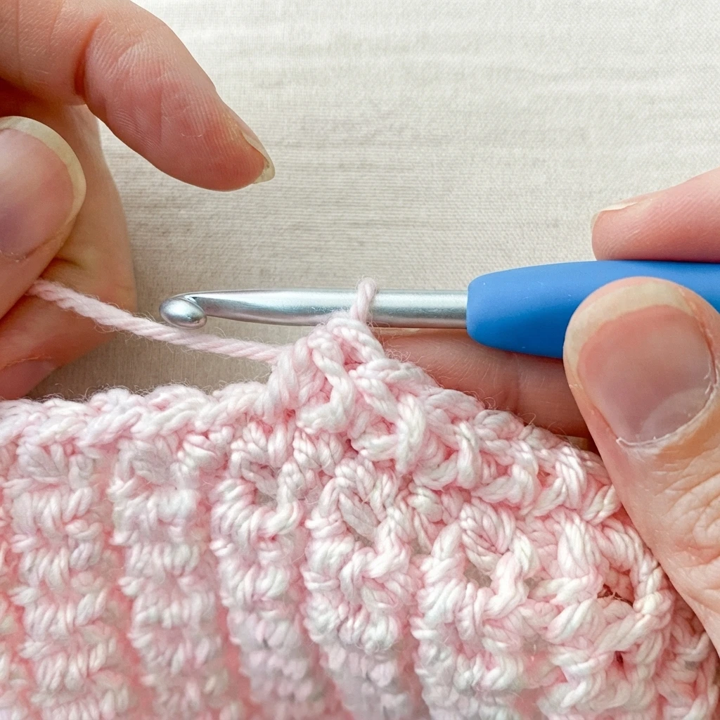 Close-up of hands holding a blue-handled crochet hook while working pink yarn into textured crochet fabric